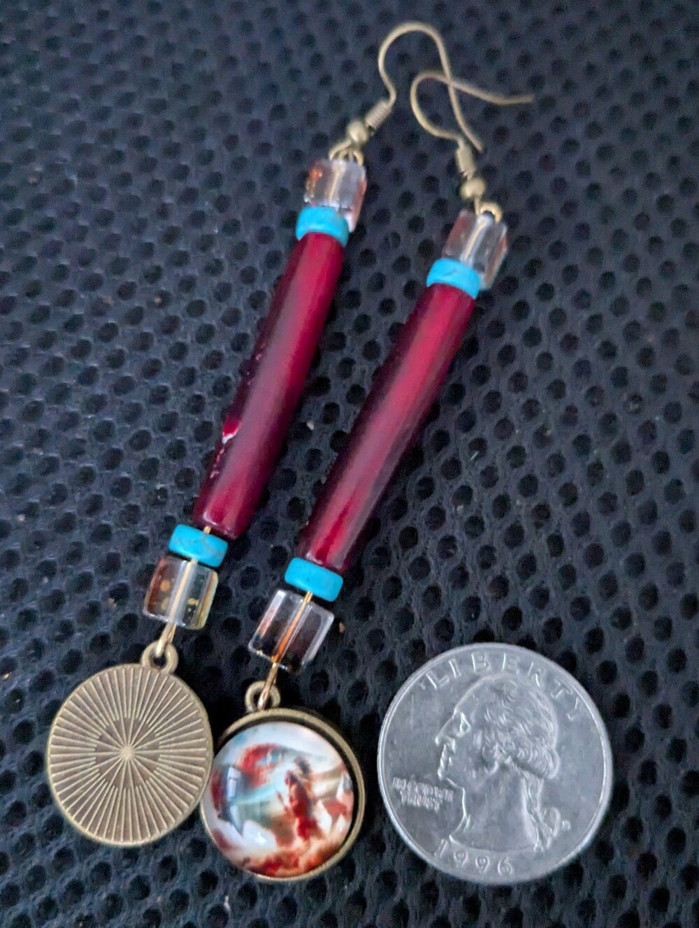 Indigenous Red Buffalo Bone Hairpipe Turquoise Drop Earrings Bison Chief Pendant - Picture 2 of 9
